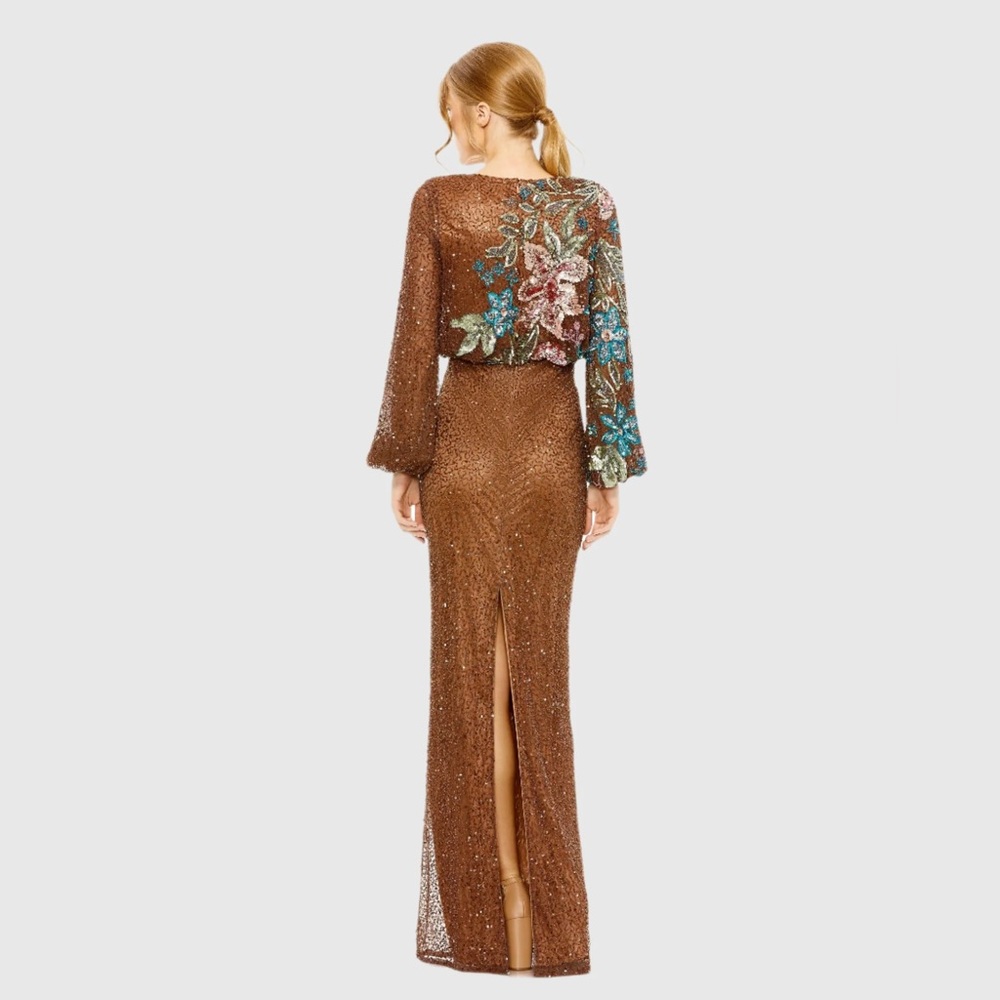 NWT $598 MAC DUGGAL Brown Embellished Floral High Neck Gown DRESS LONG SLEEVES - Picture 3 of 8